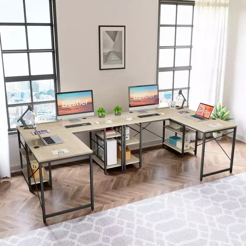 Bureau d'angle en L de 140 cm avec étagère de rangement et 3 trous de câble