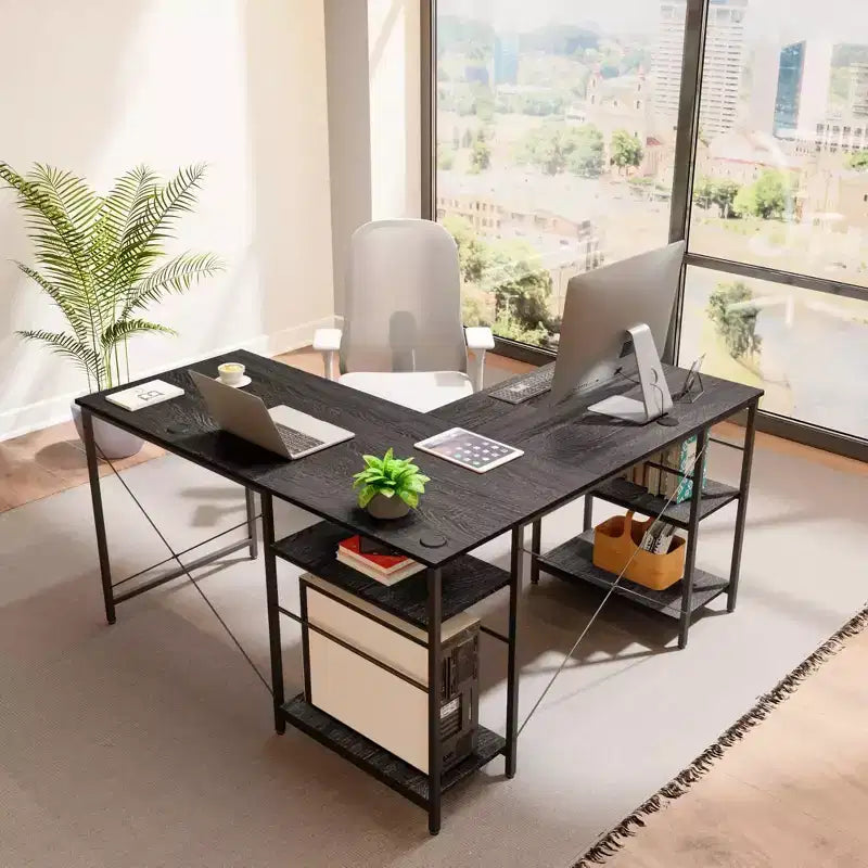 Bureau d'angle en L de 140 cm avec étagère de rangement et 3 trous de câble