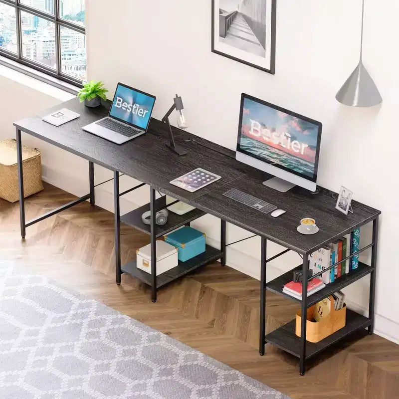 Bureau d'angle en L de 140 cm avec étagère de rangement et 3 trous de câble