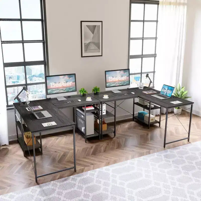 Bureau d'angle en L de 140 cm avec étagère de rangement et 3 trous de câble
