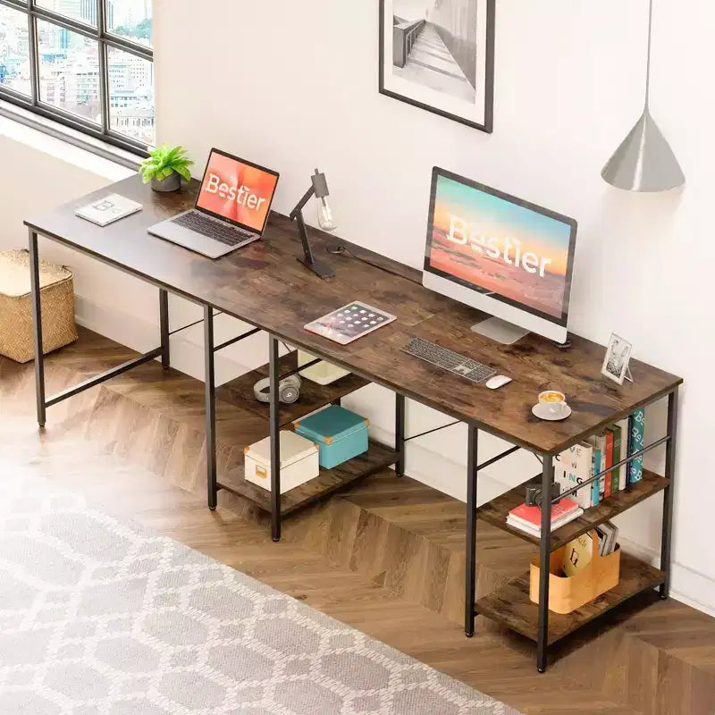 Bureau d'angle en L de 140 cm avec étagère de rangement et 3 trous de câble