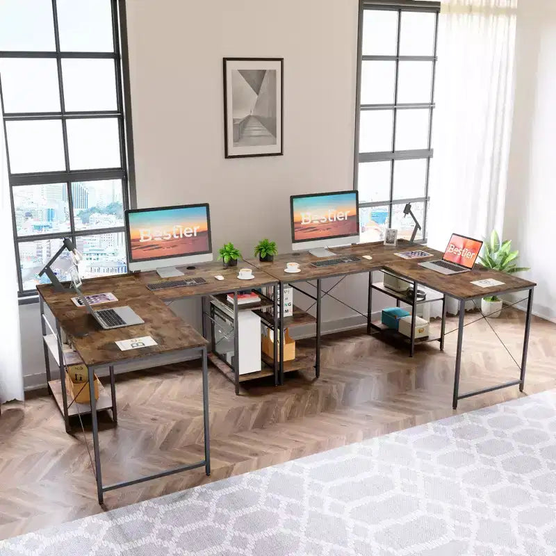 Bureau d'angle en L de 140 cm avec étagère de rangement et 3 trous de câble