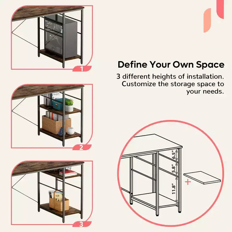 Bureau d'angle en L de 140 cm avec étagère de rangement et 3 trous de câble