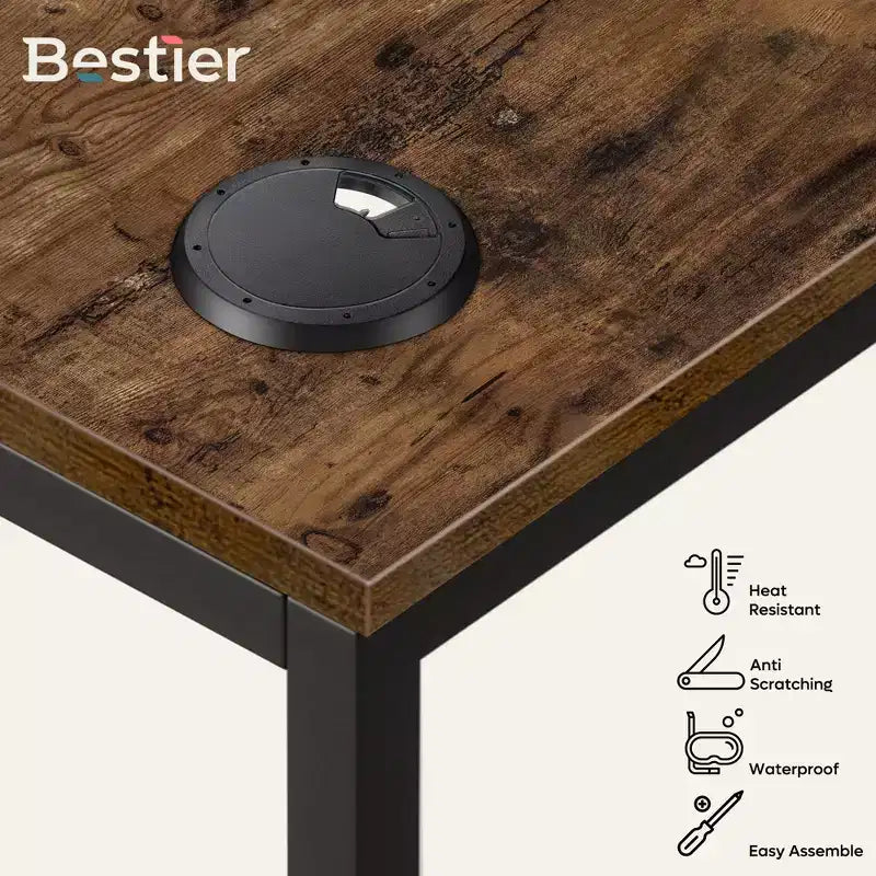 Bureau d'angle en L de 140 cm avec étagère de rangement et 3 trous de câble
