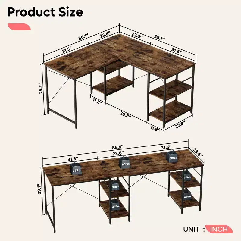 Bureau d'angle en L de 140 cm avec étagère de rangement et 3 trous de câble