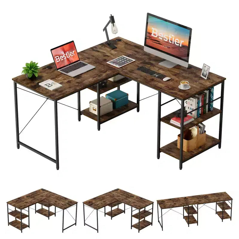 Bureau d'angle en L de 140 cm avec étagère de rangement et 3 trous de câble