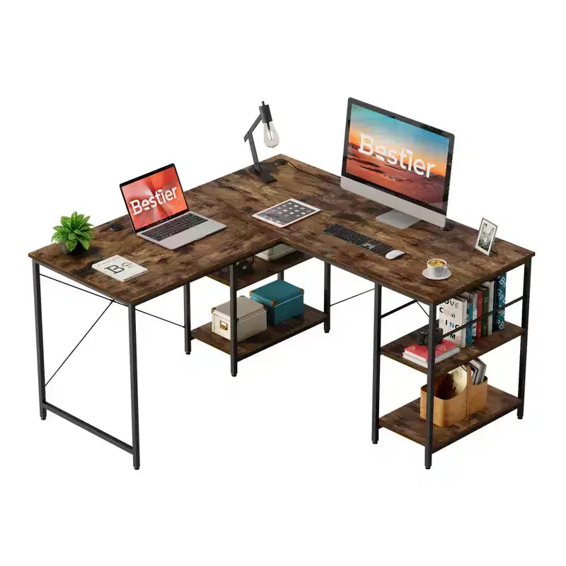 Bureau d'angle en L de 140 cm avec étagère de rangement et 3 trous de câble