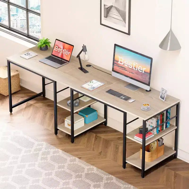 Bureau d'angle en L de 140 cm avec étagère de rangement et 3 trous de câble