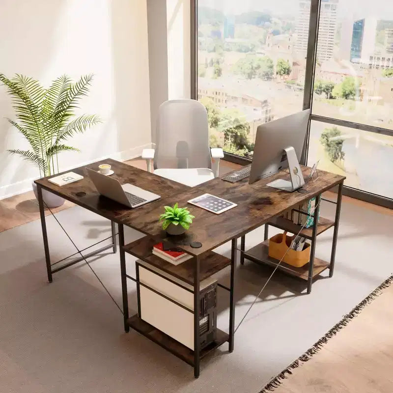Bestier 55'L-Shaped Corner Computer Desk With Storage Shelf, 3 Cable Holes