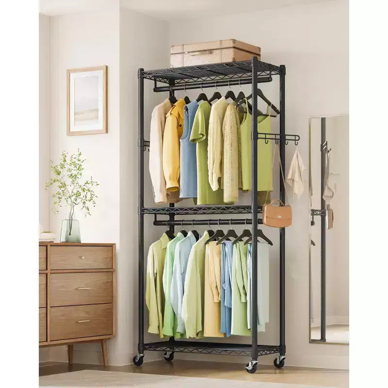 SONGMICS Garment Rack, Heavy-Duty Rolling Clothes Rack, Portable Closet Rack, 29.5-Inch Wide Clothing Rack on Wheels, Ink Black