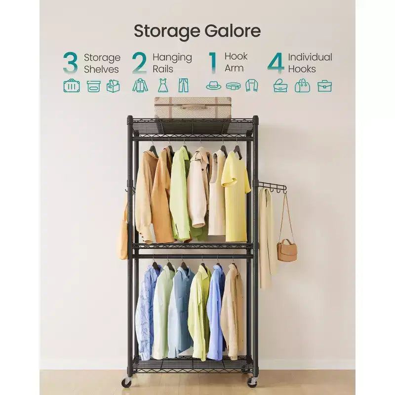 Portant à vêtements, Portant à vêtements roulant robuste, Armoire portable, Portant à vêtements de 75 cm de large sur roulettes, Noir encre