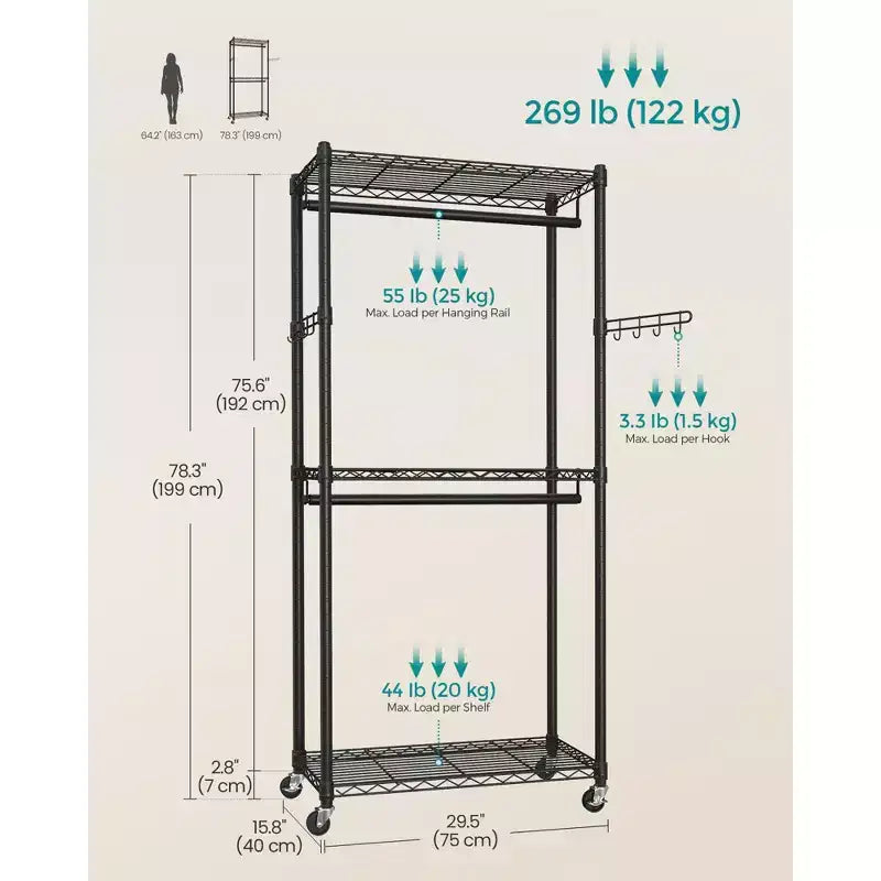 Portant à vêtements, Portant à vêtements roulant robuste, Armoire portable, Portant à vêtements de 75 cm de large sur roulettes, Noir encre