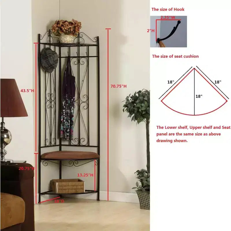 Meuble d'entrée d'angle avec banc et 6 patères, Noir