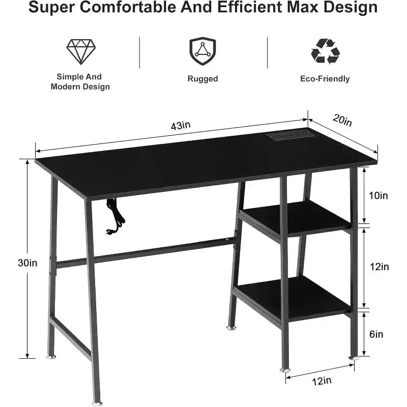 Bureau d'ordinateur, poste de travail de bureau à domicile, table pour ordinateur portable avec 2 étagères de rangement