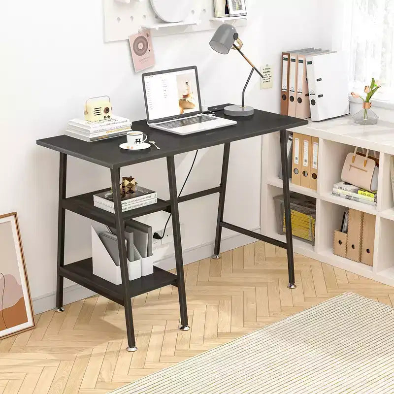 Bureau d'ordinateur, poste de travail de bureau à domicile, table pour ordinateur portable avec 2 étagères de rangement