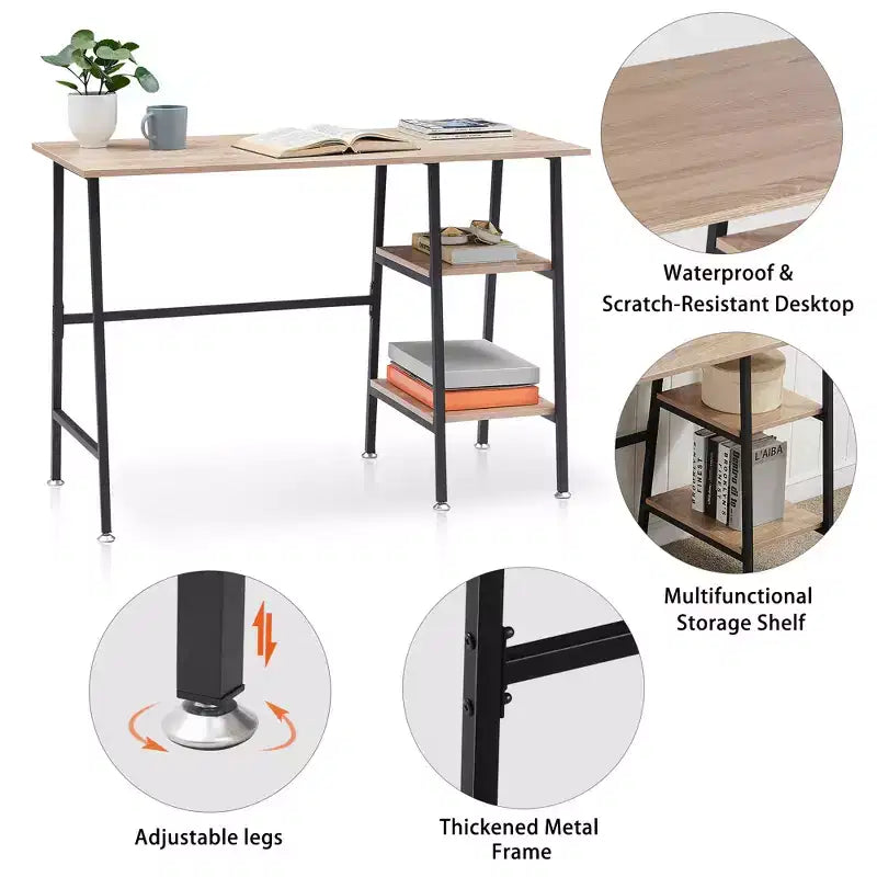 Bureau d'ordinateur, poste de travail de bureau à domicile, table pour ordinateur portable avec 2 étagères de rangement