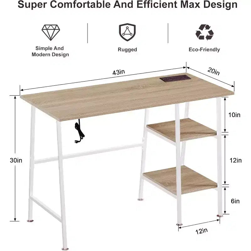 Bureau d'ordinateur, poste de travail de bureau à domicile, table pour ordinateur portable avec 2 étagères de rangement