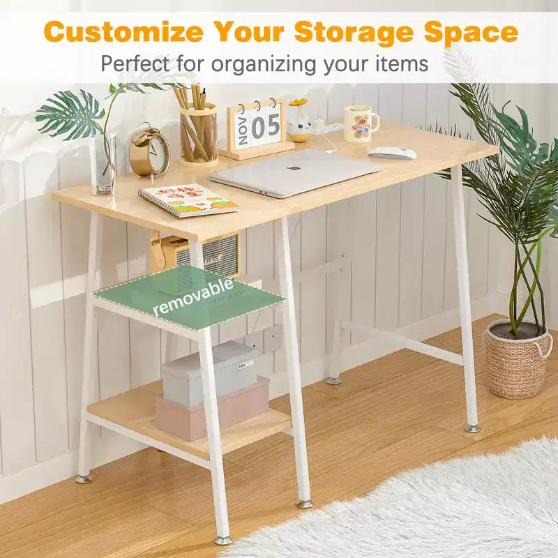 Bureau d'ordinateur, poste de travail de bureau à domicile, table pour ordinateur portable avec 2 étagères de rangement