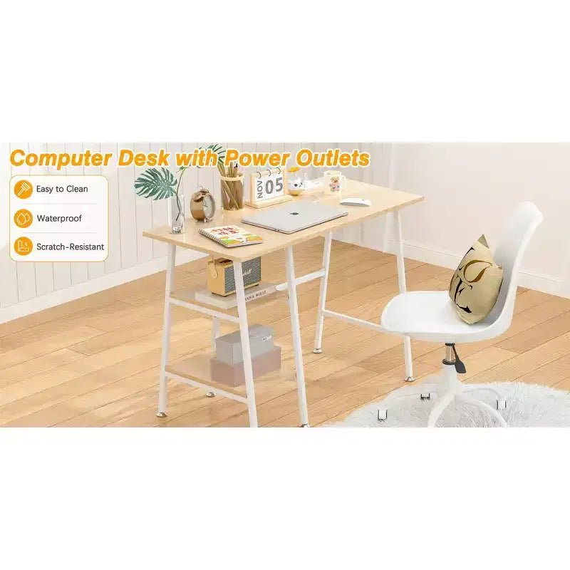 Bureau d'ordinateur, poste de travail de bureau à domicile, table pour ordinateur portable avec 2 étagères de rangement