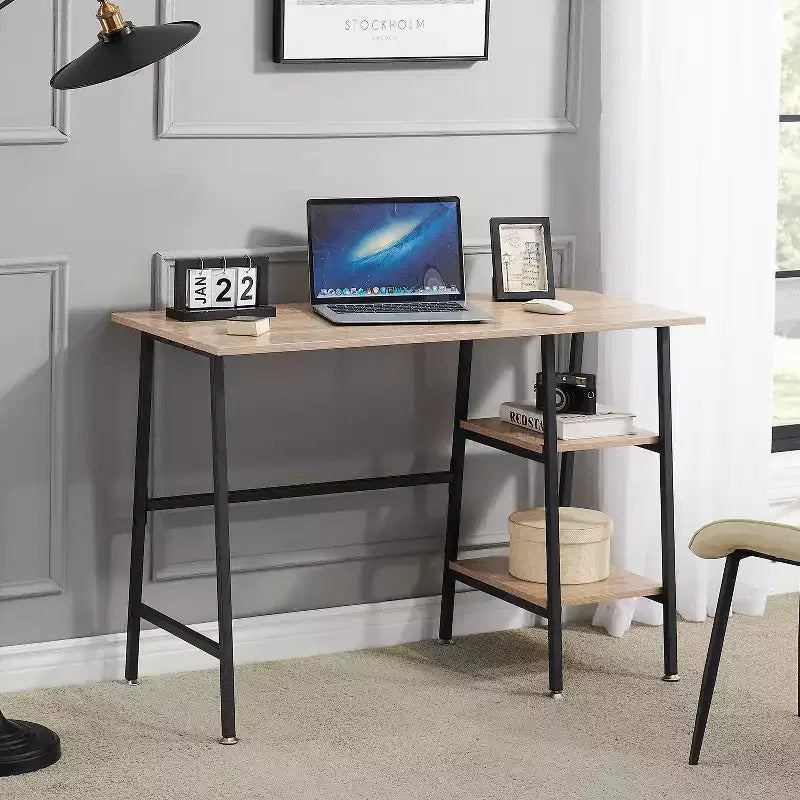 Bureau d'ordinateur, poste de travail de bureau à domicile, table pour ordinateur portable avec 2 étagères de rangement