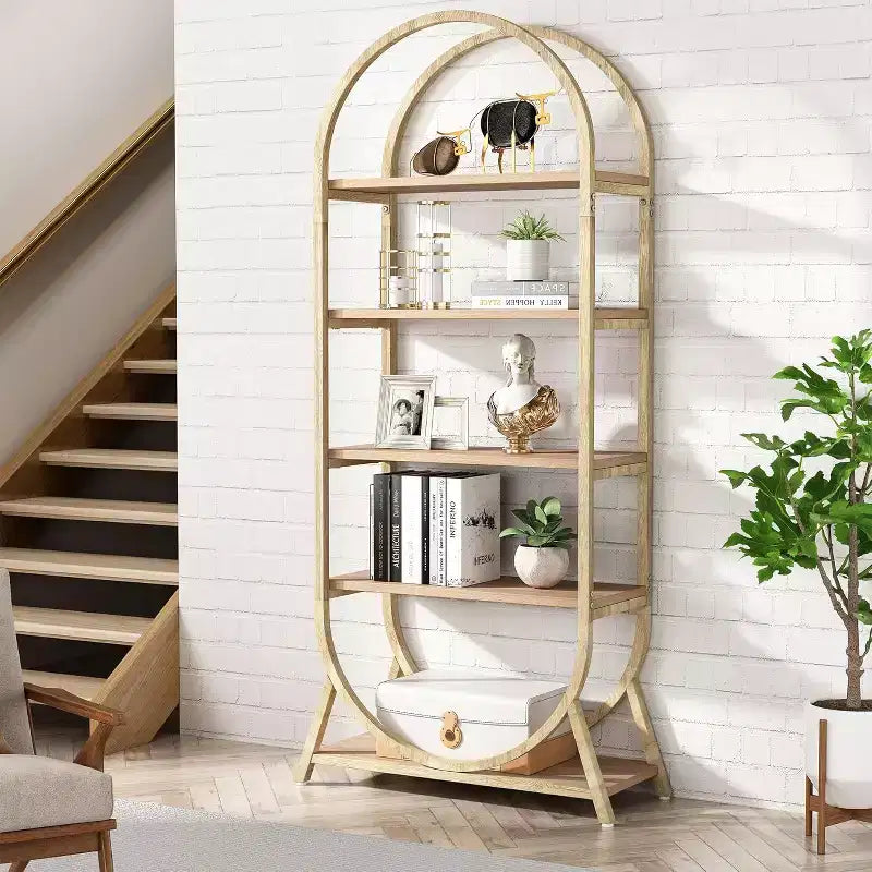 Étagère ouverte à 5 niveaux, Bibliothèque cintrée de 180 cm de haut, Étagère de rangement moderne autoportante pour bureau, salon