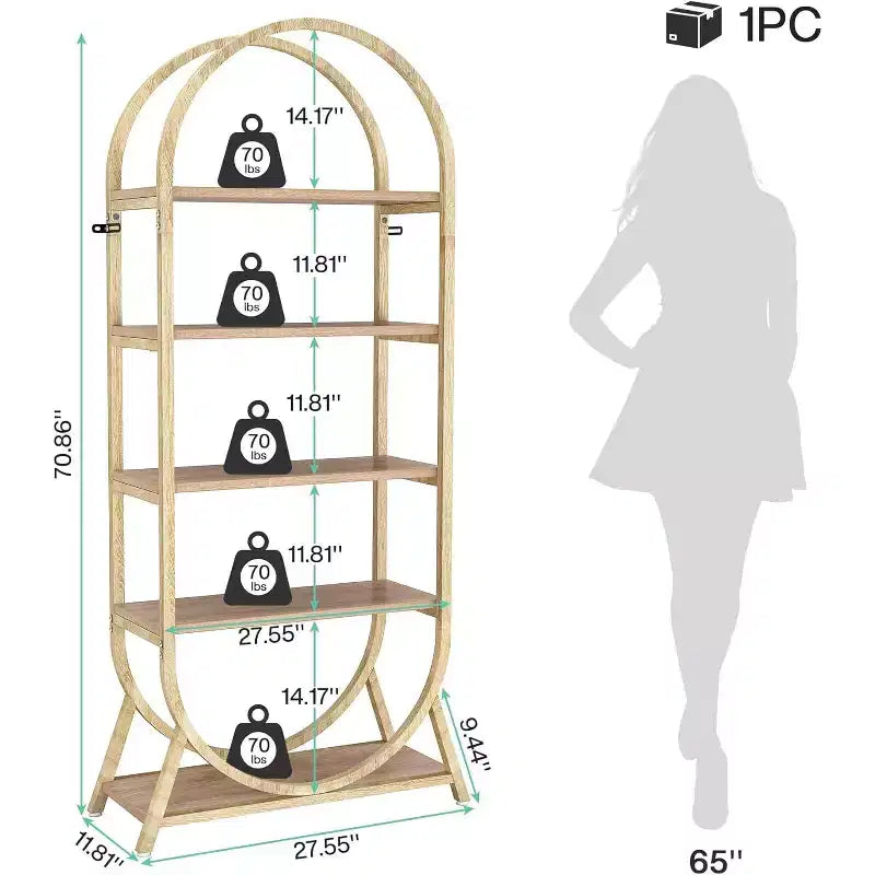 Étagère ouverte à 5 niveaux, Bibliothèque cintrée de 180 cm de haut, Étagère de rangement moderne autoportante pour bureau, salon