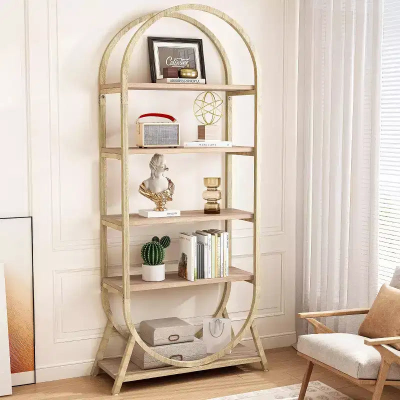 Étagère ouverte à 5 niveaux, Bibliothèque cintrée de 180 cm de haut, Étagère de rangement moderne autoportante pour bureau, salon