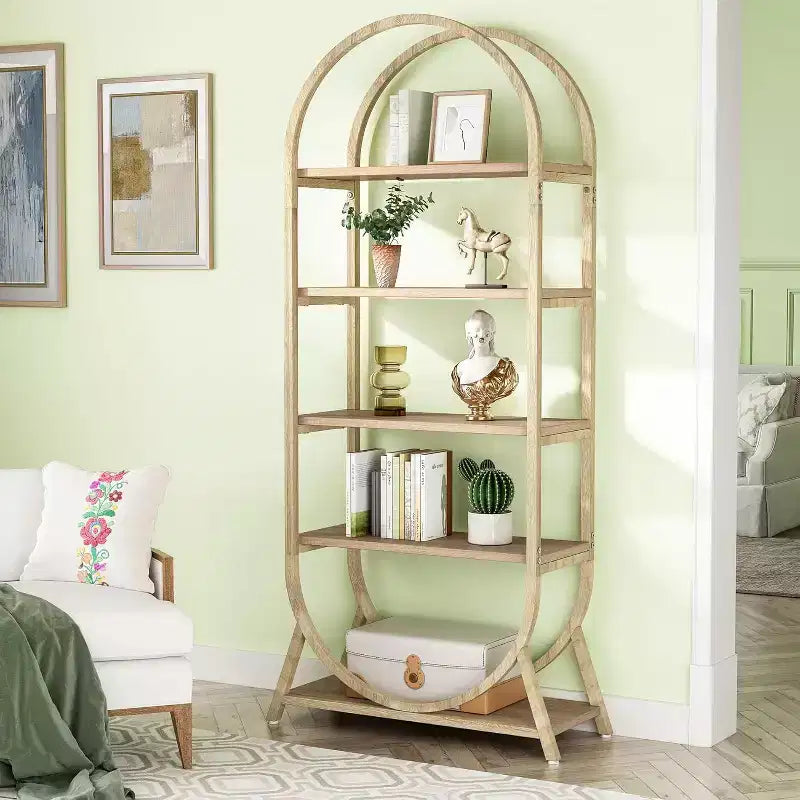 Étagère ouverte à 5 niveaux, Bibliothèque cintrée de 180 cm de haut, Étagère de rangement moderne autoportante pour bureau, salon