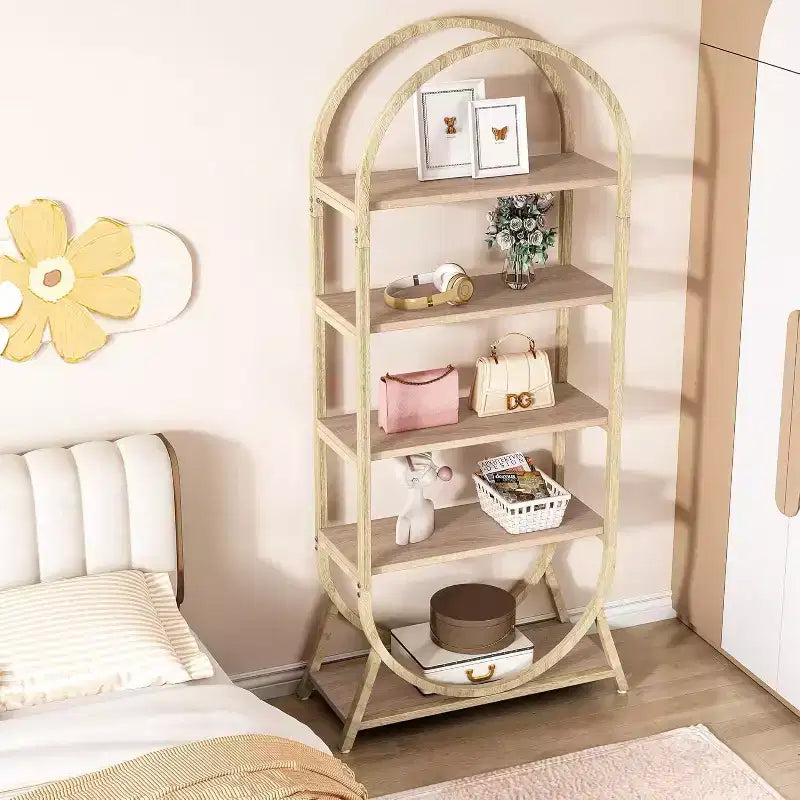 Étagère ouverte à 5 niveaux, Bibliothèque cintrée de 180 cm de haut, Étagère de rangement moderne autoportante pour bureau, salon