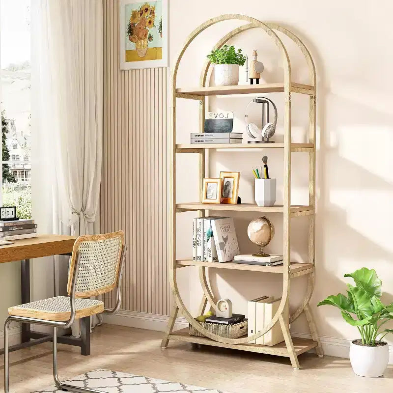 Étagère ouverte à 5 niveaux, Bibliothèque cintrée de 180 cm de haut, Étagère de rangement moderne autoportante pour bureau, salon