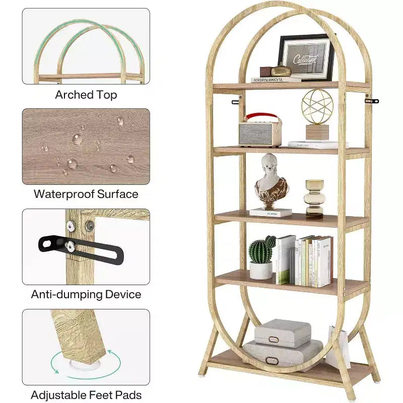 Étagère ouverte à 5 niveaux, Bibliothèque cintrée de 180 cm de haut, Étagère de rangement moderne autoportante pour bureau, salon