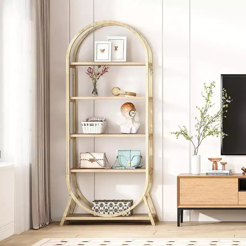 Étagère ouverte à 5 niveaux, Bibliothèque cintrée de 180 cm de haut, Étagère de rangement moderne autoportante pour bureau, salon