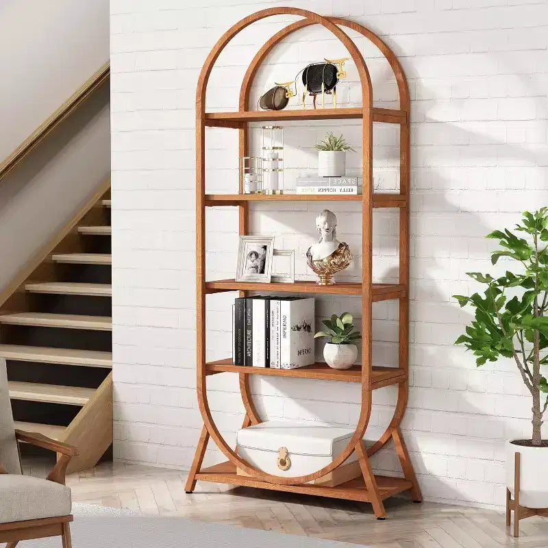 Étagère ouverte à 5 niveaux, Bibliothèque cintrée de 180 cm de haut, Étagère de rangement moderne autoportante pour bureau, salon