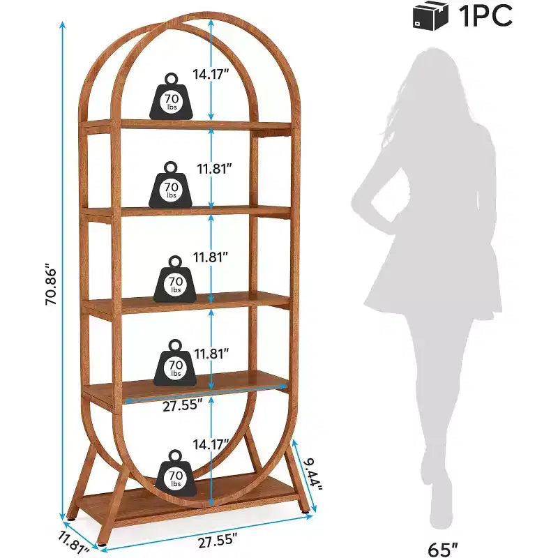 Étagère ouverte à 5 niveaux, Bibliothèque cintrée de 180 cm de haut, Étagère de rangement moderne autoportante pour bureau, salon