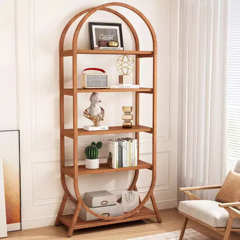 Étagère ouverte à 5 niveaux, Bibliothèque cintrée de 180 cm de haut, Étagère de rangement moderne autoportante pour bureau, salon