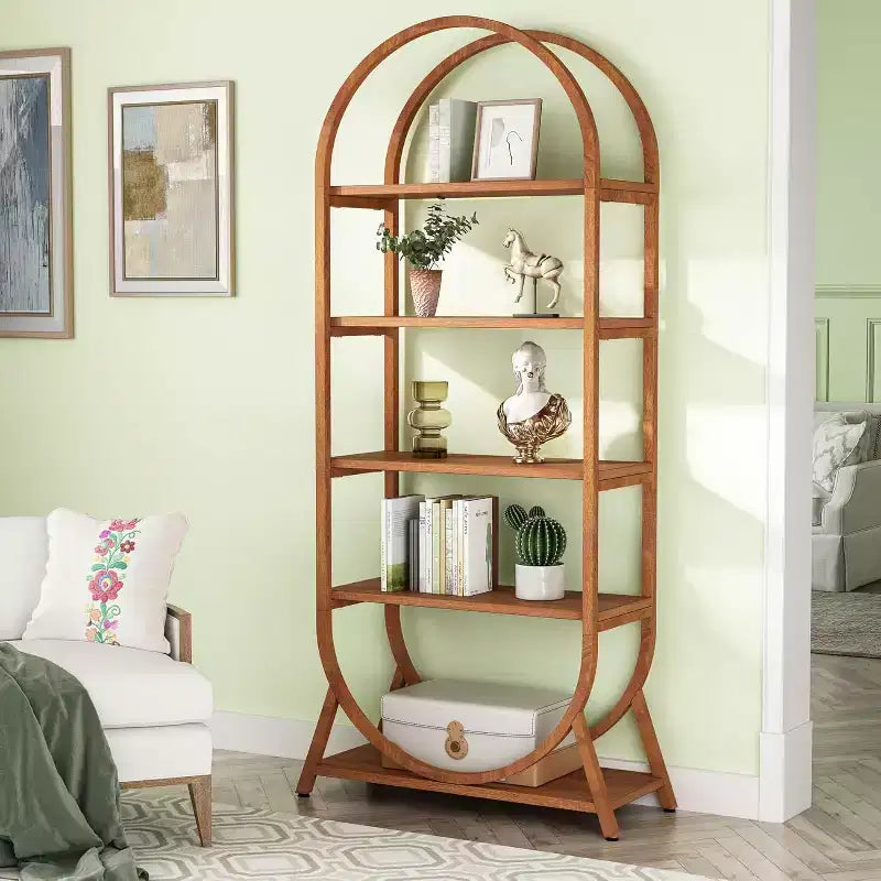 Étagère ouverte à 5 niveaux, Bibliothèque cintrée de 180 cm de haut, Étagère de rangement moderne autoportante pour bureau, salon