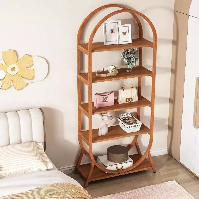 Étagère ouverte à 5 niveaux, Bibliothèque cintrée de 180 cm de haut, Étagère de rangement moderne autoportante pour bureau, salon