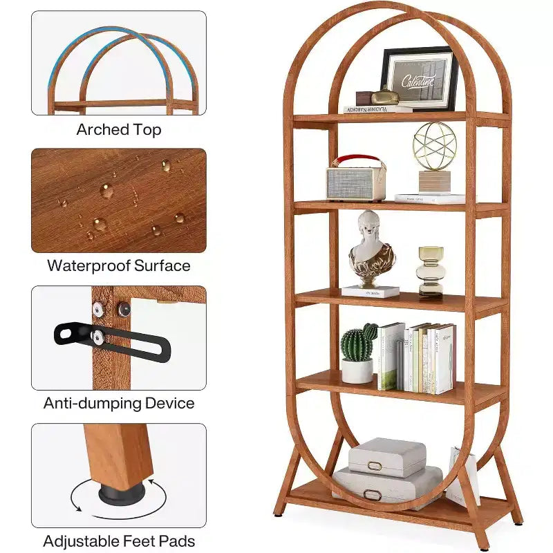 Étagère ouverte à 5 niveaux, Bibliothèque cintrée de 180 cm de haut, Étagère de rangement moderne autoportante pour bureau, salon