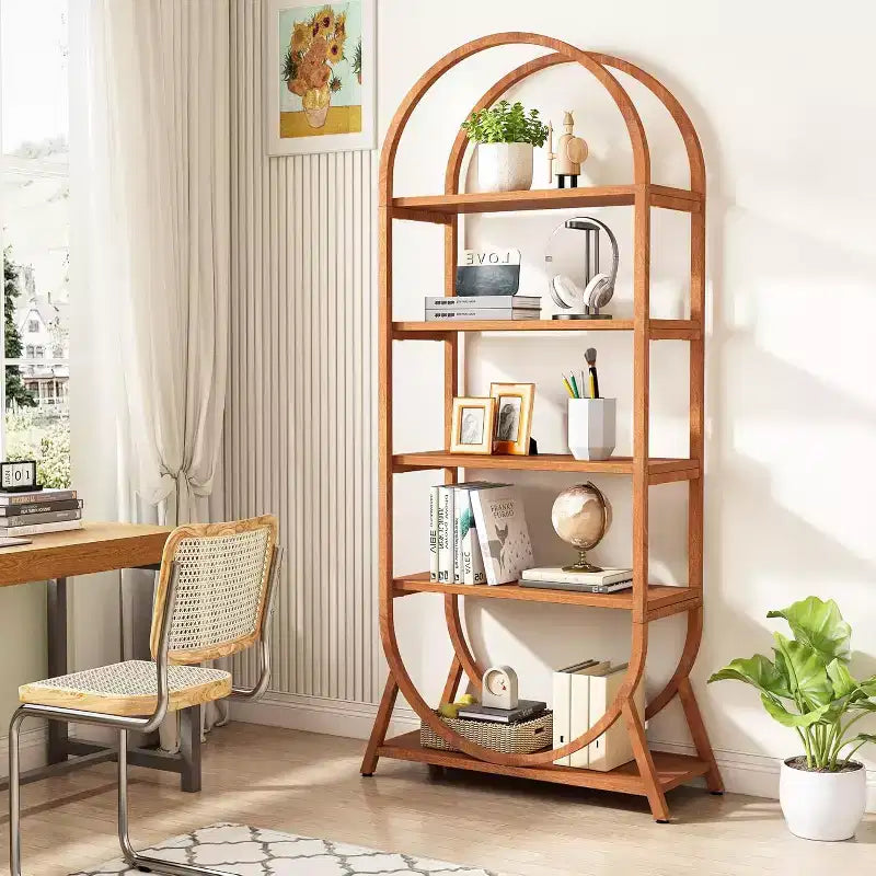 Étagère ouverte à 5 niveaux, Bibliothèque cintrée de 180 cm de haut, Étagère de rangement moderne autoportante pour bureau, salon