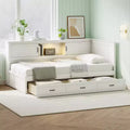 Twin/Full Size L-Shaped Daybed Captain Bed with Drawers, Bookcase, Led Downlight, AC Outlets and USB Ports, White-ModernLuxe