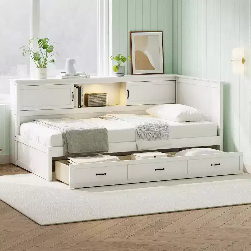 Twin/Full Size L-Shaped Daybed Captain Bed with Drawers, Bookcase, Led Downlight, AC Outlets and USB Ports, White-ModernLuxe