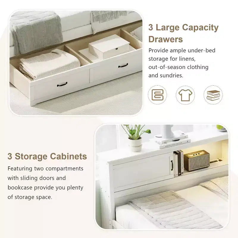 Lit de repos capitonné en L, grand/double, avec tiroirs, bibliothèque, éclairage LED intégré, prises de courant et ports USB, blanc
