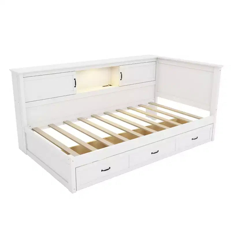 Lit de repos capitonné en L, grand/double, avec tiroirs, bibliothèque, éclairage LED intégré, prises de courant et ports USB, blanc