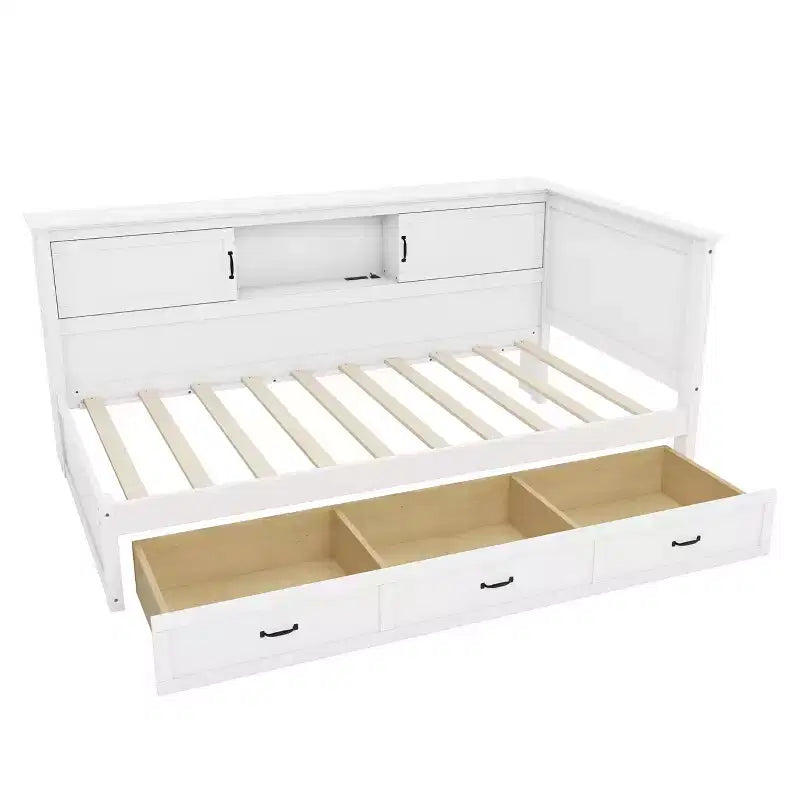 Lit de repos capitonné en L, grand/double, avec tiroirs, bibliothèque, éclairage LED intégré, prises de courant et ports USB, blanc