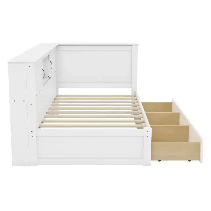 Lit de repos capitonné en L, grand/double, avec tiroirs, bibliothèque, éclairage LED intégré, prises de courant et ports USB, blanc