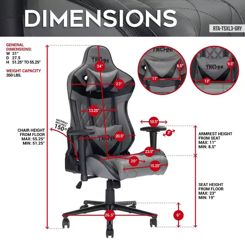 Chaise de Gaming XL Ergonomique, Fauteuil de Bureau Pivotant à 360° avec Coussins Tête & Lombaire, Fauteuil Inclinable à 90-150° pour Bureau & Maison, Max 350lbs, Gris