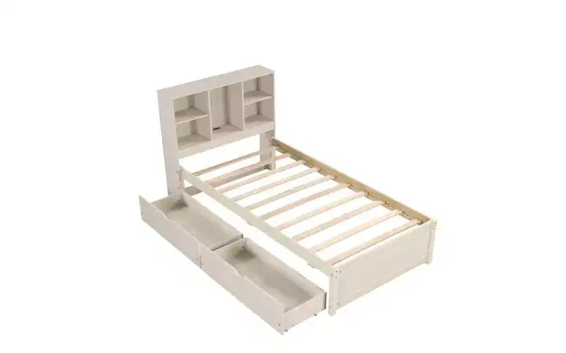 Cadre de lit moderne double avec tête de lit bibliothèque et port de chargement USB, lit plateforme en bois avec 2 tiroirs de rangement coulissants, lit avec rangement et bibliothèque