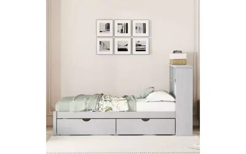 Cadre de lit moderne double avec tête de lit bibliothèque et port de chargement USB, lit plateforme en bois avec 2 tiroirs de rangement coulissants, lit avec rangement et bibliothèque