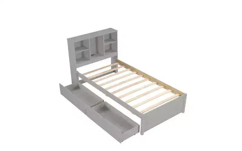 Cadre de lit moderne double avec tête de lit bibliothèque et port de chargement USB, lit plateforme en bois avec 2 tiroirs de rangement coulissants, lit avec rangement et bibliothèque