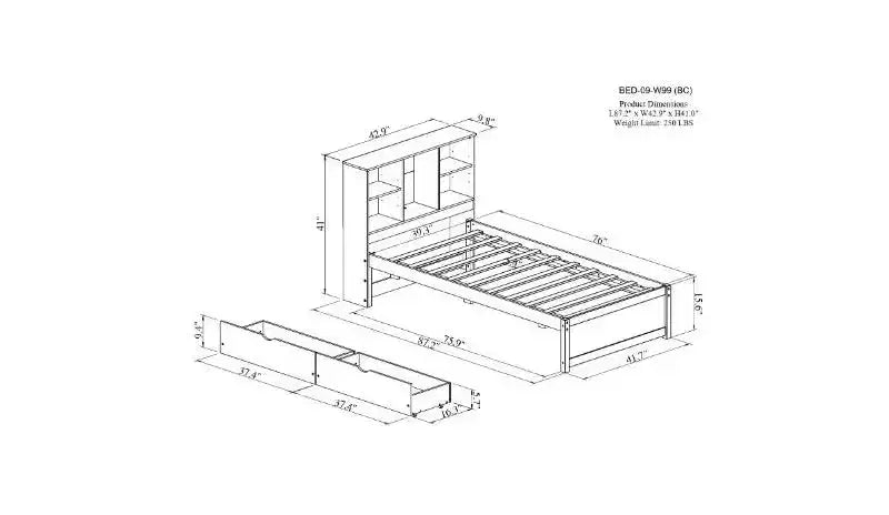 Cadre de lit moderne double avec tête de lit bibliothèque et port de chargement USB, lit plateforme en bois avec 2 tiroirs de rangement coulissants, lit avec rangement et bibliothèque